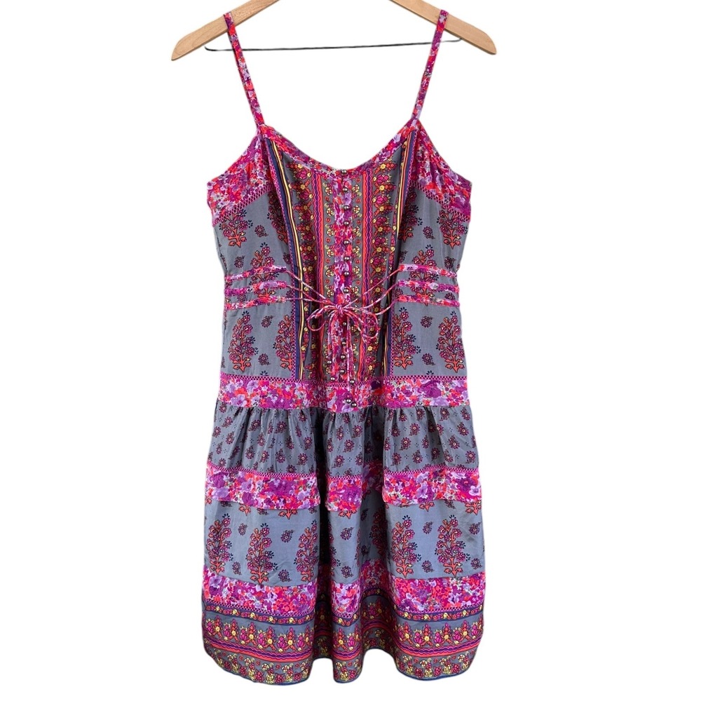 Rebecca Taylor 100% Silk Floral Mini Dress Size 6 Tie Front Y2K Boho Festival